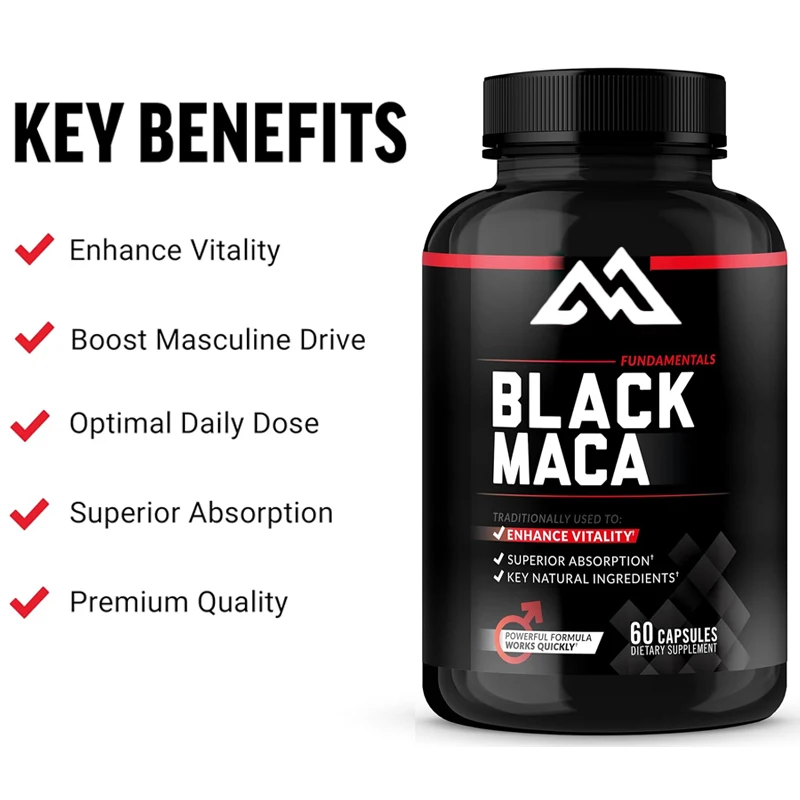 

Black Macagan 1000mg, men's vitality supplement, containing high absorption black pepper extract in 60 vegetarian capsules