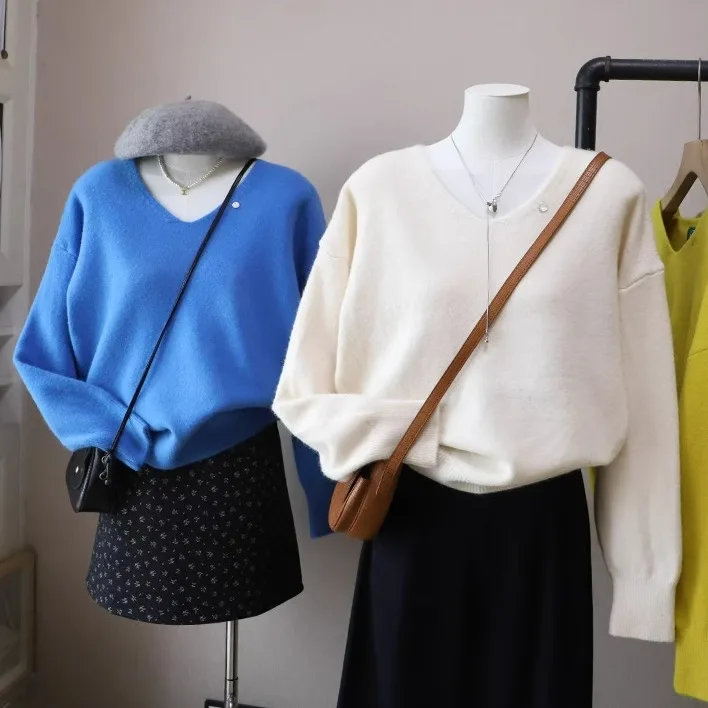 

Blue Soft Cozy V-Ne Sweater Women's Autumn Winter Loose Lazy Sle Inner Wear Beautiful Knitted Top Girls Long Sve