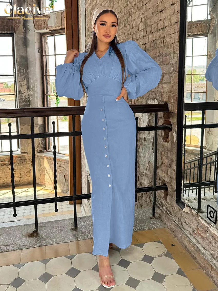 

Clacive Sexy Slim Blue Cotton Women's Dress Fashion V-Neck Puff Sleeve Ankle Length Dresses Elegant High Waist Slit Female Dress