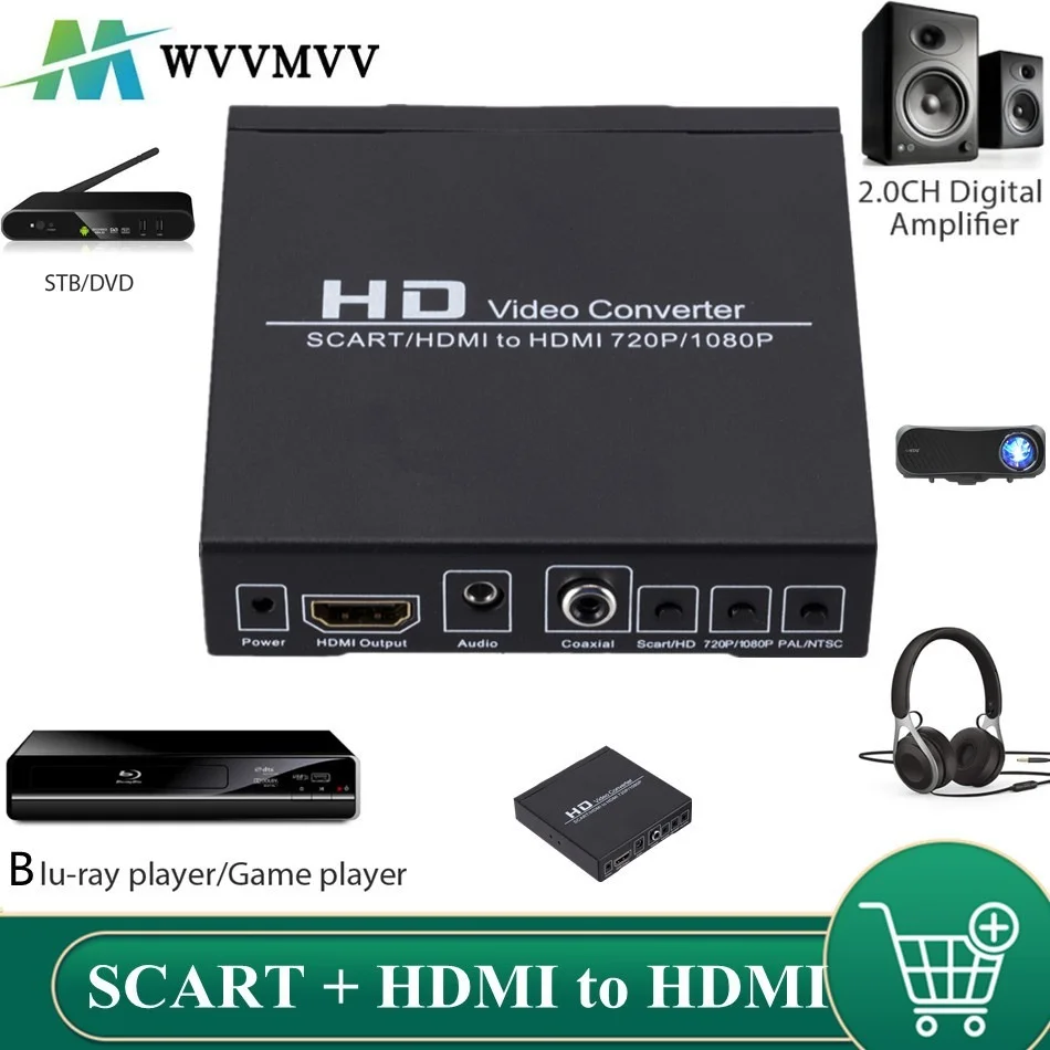 WvvMvv-convertidor Digital de SCART a HDMI, convertidor compatible con Konverter de vídeo de alta definición, adaptador de enchufe de alimentación UE/EE. UU. Para HDTV HD, 1080P