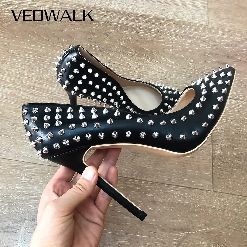 

Veowalk Women‘s Full Spikes Matte Black Sexy Pointy Toe High Heels Slip On Stiletto Pumps Ladies Club Party Dress Shoes 10/12cm