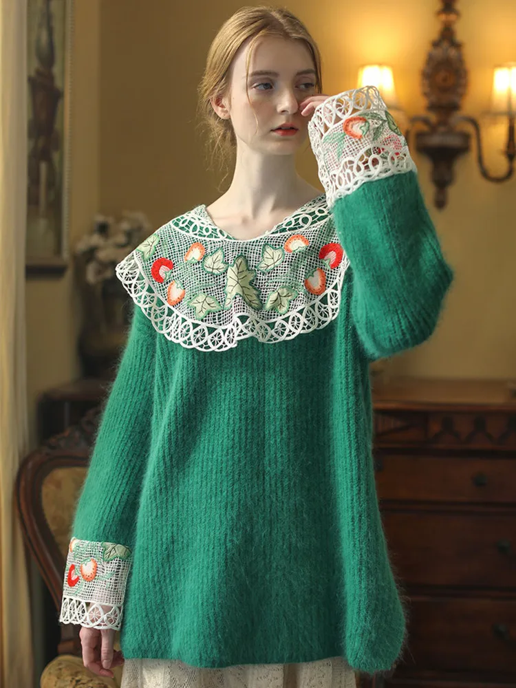 AIGYPTOS Pullover Sweaters Women Fall Winter Vintage Christmas Green Wool Knitted Sweater Antique Lace Crochet EmbroiderySweater