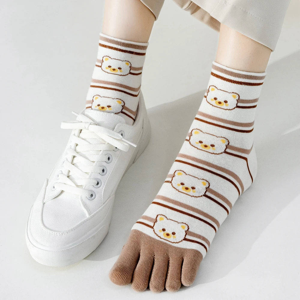 6 Pairs Bear Cute Toe Socks Women Five 5 Fingers Socks Cotton Sports Yoga Pilates Socks with Separate Fingers Kawaii