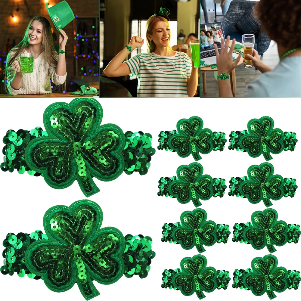 1/5/10Pcs St. Patricks Day Sequins Clover Bracelets Glitter Bracelet Green Irish Holiday Decor For Women Girls Carnival Parade