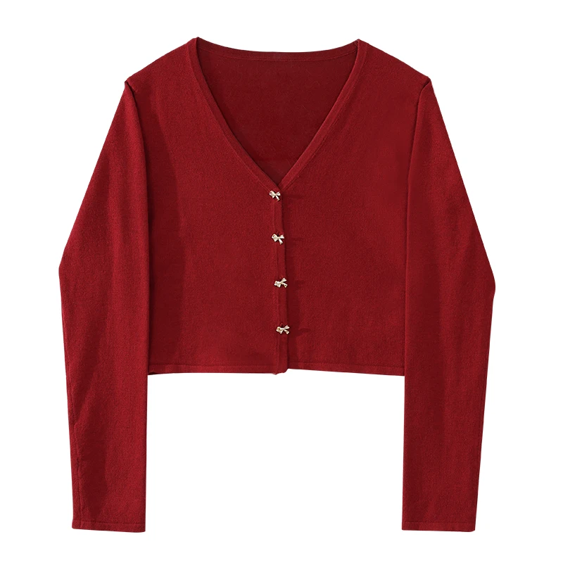 ALXNAN Knitted Cardigan Women 2024 Spring Autumn Long Sleeve V-neck Knitwear Female Cropped Red Casual Knit Jacket Tops L33672SY