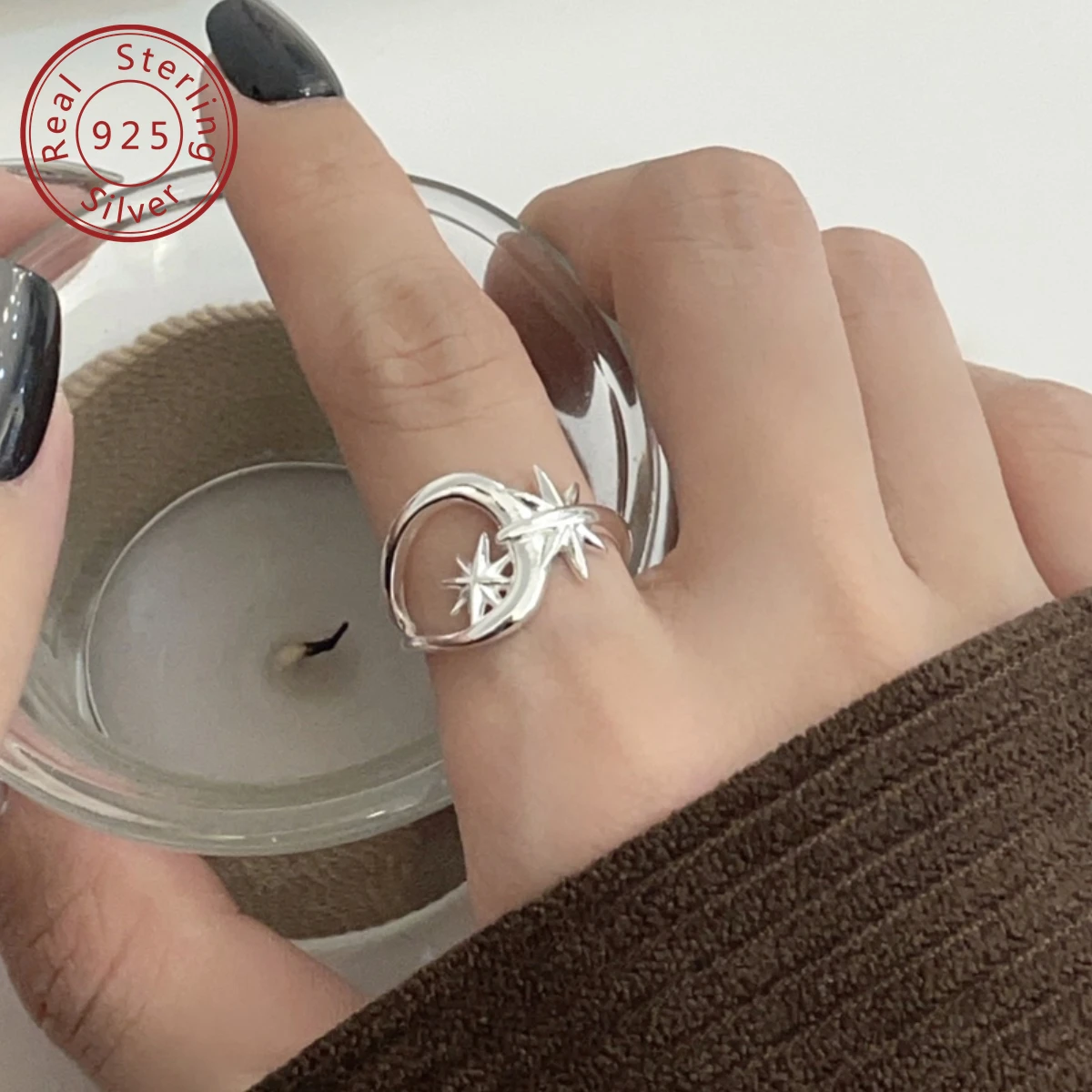 925 Silver Six Pointed Star Open Ring, Minimalist Design Style, Versatile for Daily Commuting