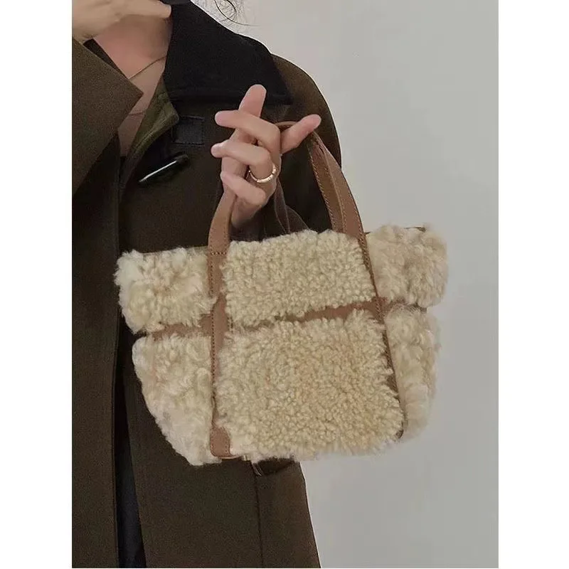 

Fluffy Shoulder Bag - Women's Faux Fur Crossbody Bag with Wing Charm, Winter Commuter Purse