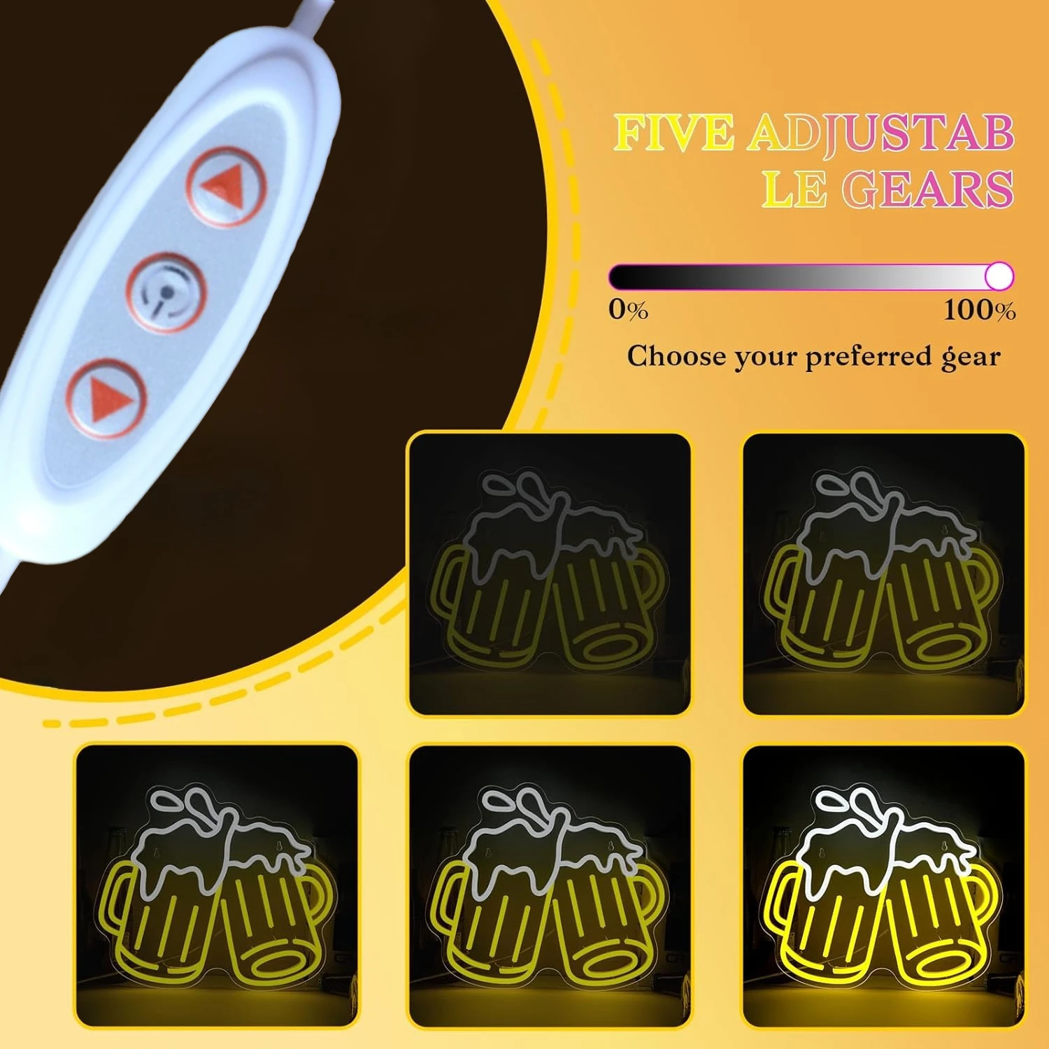 Dimmable Beer Neon Sign for Wall Decor, USB Powered LED Bar Sign for Man Cave, Pub, Club, Hotel, Bedroom & Party