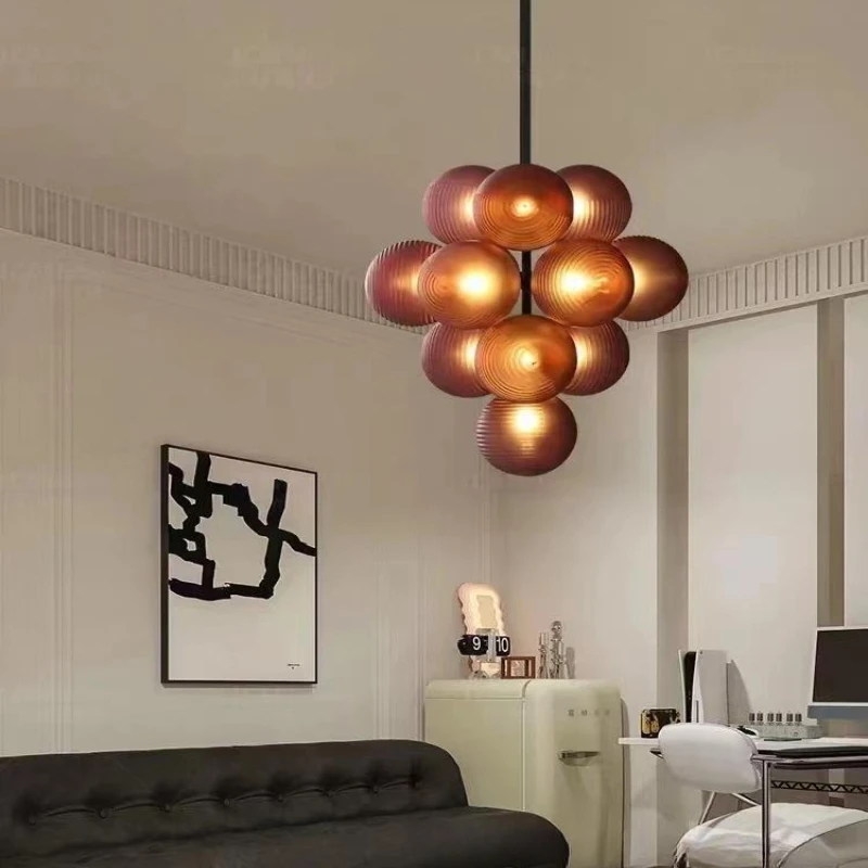 Nordic Creative Purple Glass Grape Pendant Lights Post Modern Luxury Led Chandelier for Dining Room Staircase Foyer G9 Lamps