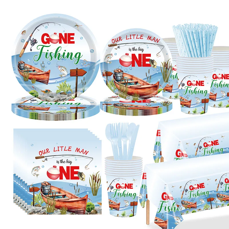 133 Pcs Gone Fishing Tableware,Fishing Birthday Party Decoration Little Fisherman Themed Disposable Tablecloth,PlatesNapkins Cup