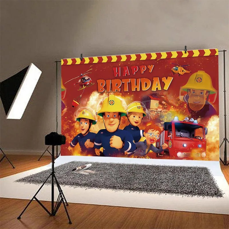 Fireman Sam Backdrop Birthday Party Decorations Banner for Kids Boy Fire Truck Firefighter Sammy Movie Cartoon Figure Background