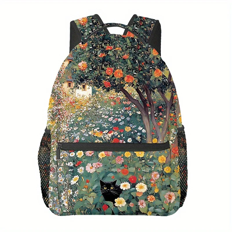 Black Cat Among Flowers Backpack Travel Hiking Backpack Computer Backpack High Quality and Suitable for Beach Yoga Travel