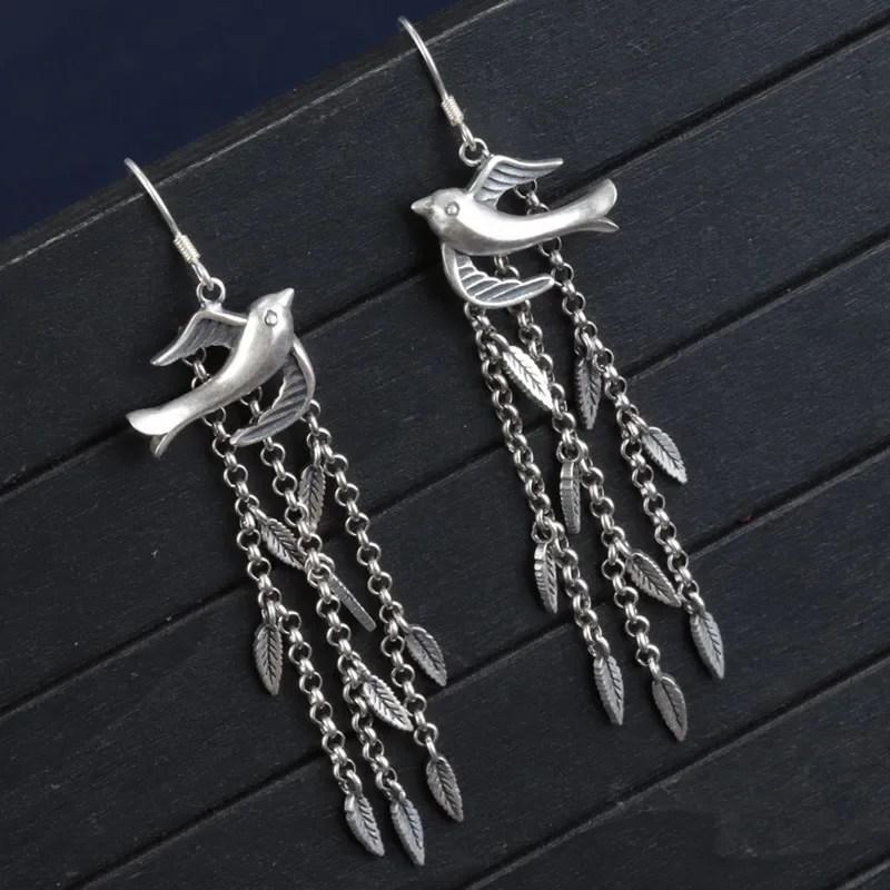 Vintage 925 Sterling Silver Swallow Leaf Tassel earrings Ethnic Style Long Hanging Original Certified Jewelry EH143