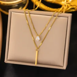 Double Layer Crystal Zircon Pendant Necklace For Women Female Vintage Stainless Steel Choker Chain Neck Wedding Jewelry Gift