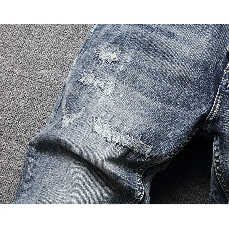 Italian Style Fashion Men Jeans Retro Washed Blue Elastic Slim Fit Ripped Jeans Men High Quality Vintage Designer Denim Pants