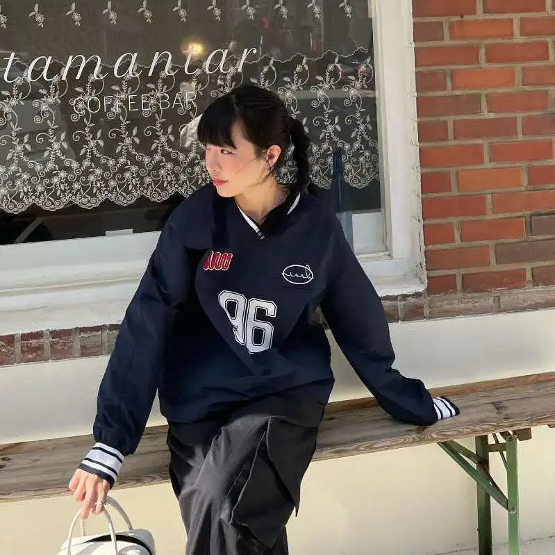 Jennie Autunno Versione Coreana V-ne Sottile Lungo Sve Felpa con Cappuccio da Donna Stampa Dstring Loose Fit Casual Comoda Felpa