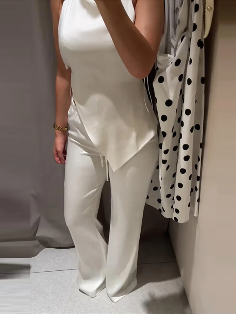 Satin Rückenfreies Asymmetrisches Top und Hose 2-teiliges Set Damen Sexy Neckholder Ärmelloses Oberteil Weite Hose Charmante Damenoutfits Neu – Detail 29