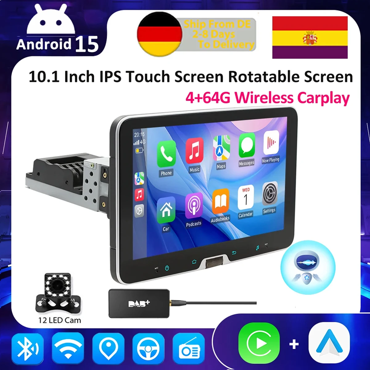 ESSGOO 10,1 Zoll Universal Drehbares Android 15 Autoradio Carplay Multimedia-Player GPS-Navigation Auto-Stereoanlage Bluetooth