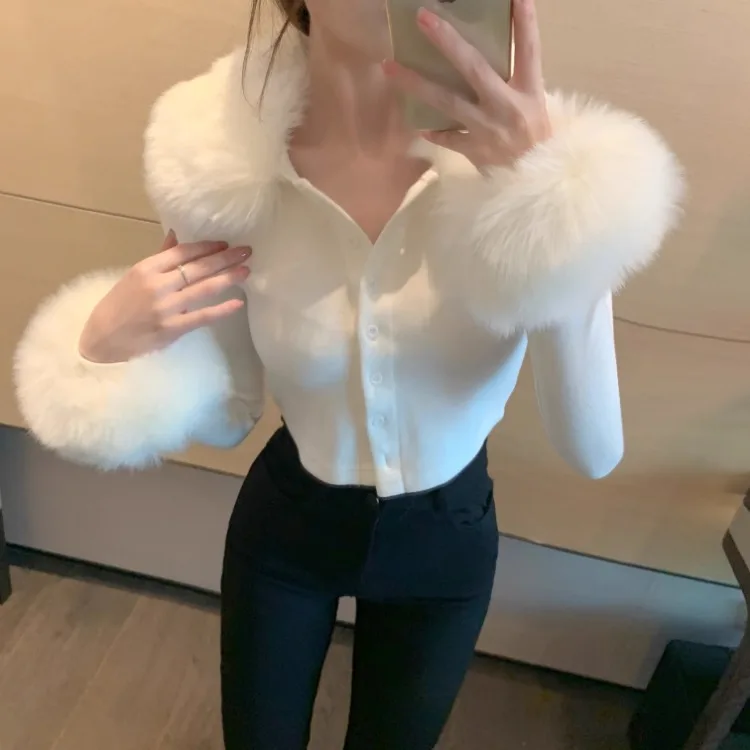 Fashion Detachable Fur Collar Collar Sweaters 2025 Autumn Winter Sweaters Tops Women Y2k Slim Fit Long Sleeve Cardigan Coat