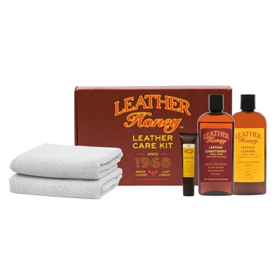 

Leather care kit for automotive interiors genuine leather brown includes cleaning conditioning and color-restoring balm