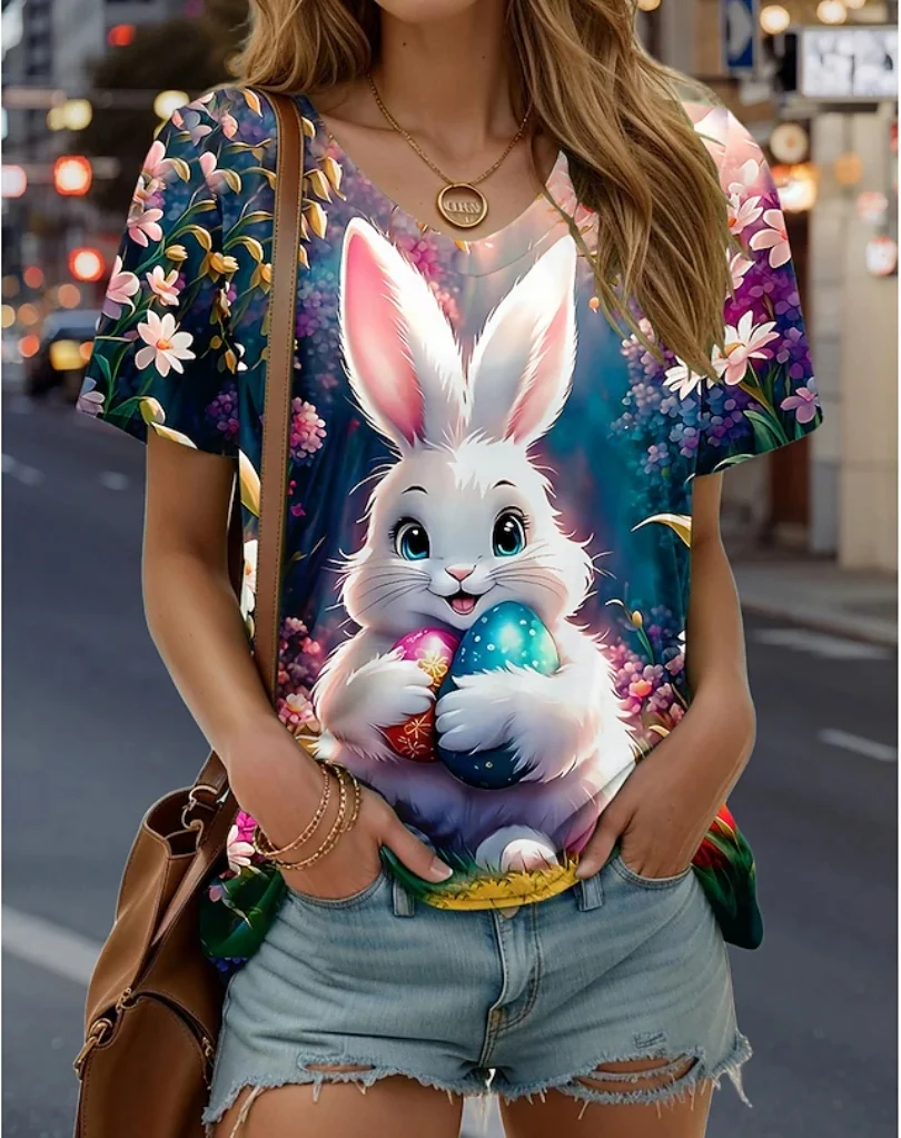 

Женская футболка с 3D кроликом, летняя уличная модная футболка с v-образным вырезом и коротким рукавом, повседневная женская одежда больших размеров с животным принтом Y2K