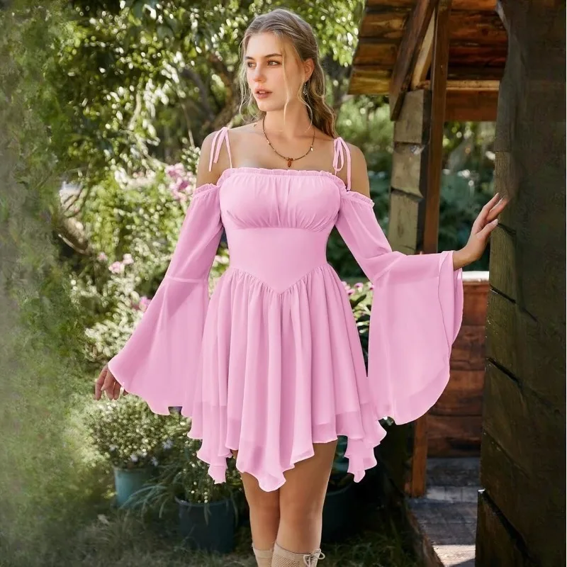 

Scarlet Darkness Womens Asymmetrical Renaissance Fairy Dress A Line Boho Off Shoulder Corset Dress with Pockets