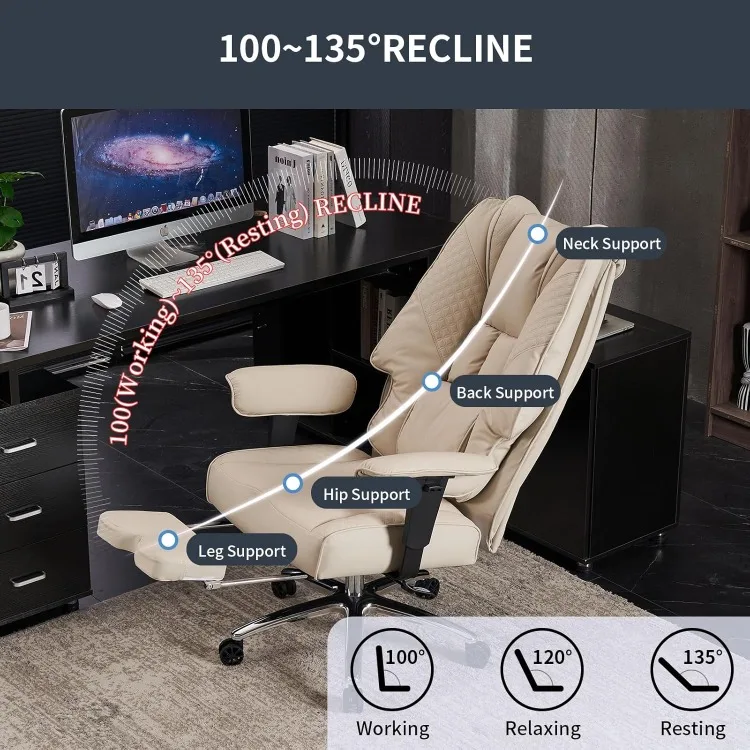 Grote en hoge bureaustoel 400 lbs brede zitting, lederen executive bureaustoel met hoge rugleuning en voetsteun, ergonomische bureaustoel