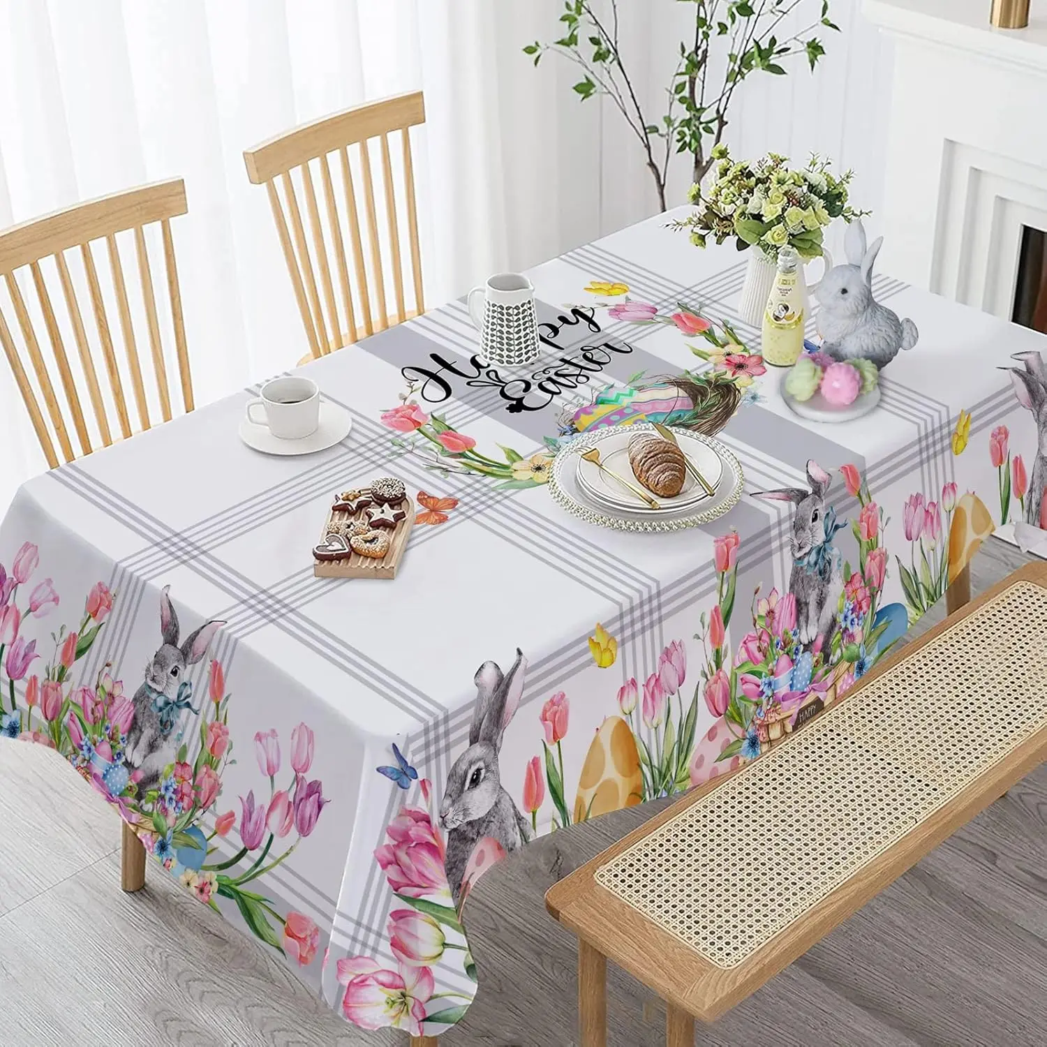 Easter Bunny Eggs Tulip Flowers Waterproof Tablecloths Easter Decorations Spring Florals Plaid Table Covers Dining Table Decor