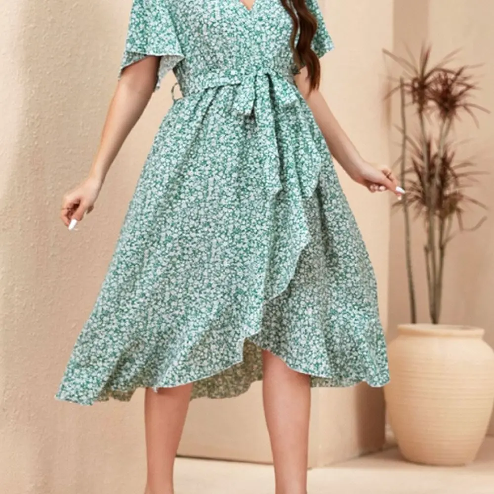 Plus Size Women Floral Print Dress V Neck High Waist Tie Bohemian Style Irregular Hem Flowy Midi Casual Dresses