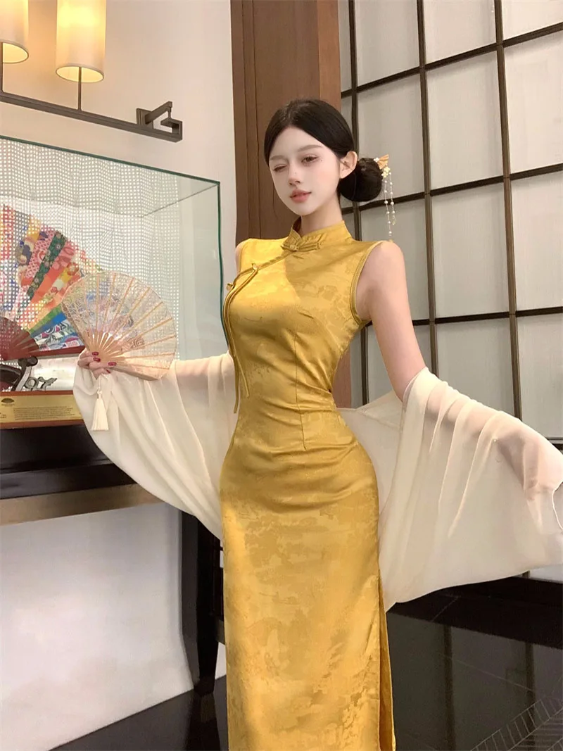 ReddaChic Women's Qipao Dress with Split Tank Jacquard Sleeveless Slit Mandarin Collar Cheongsam Chinese Style Formal Clothes