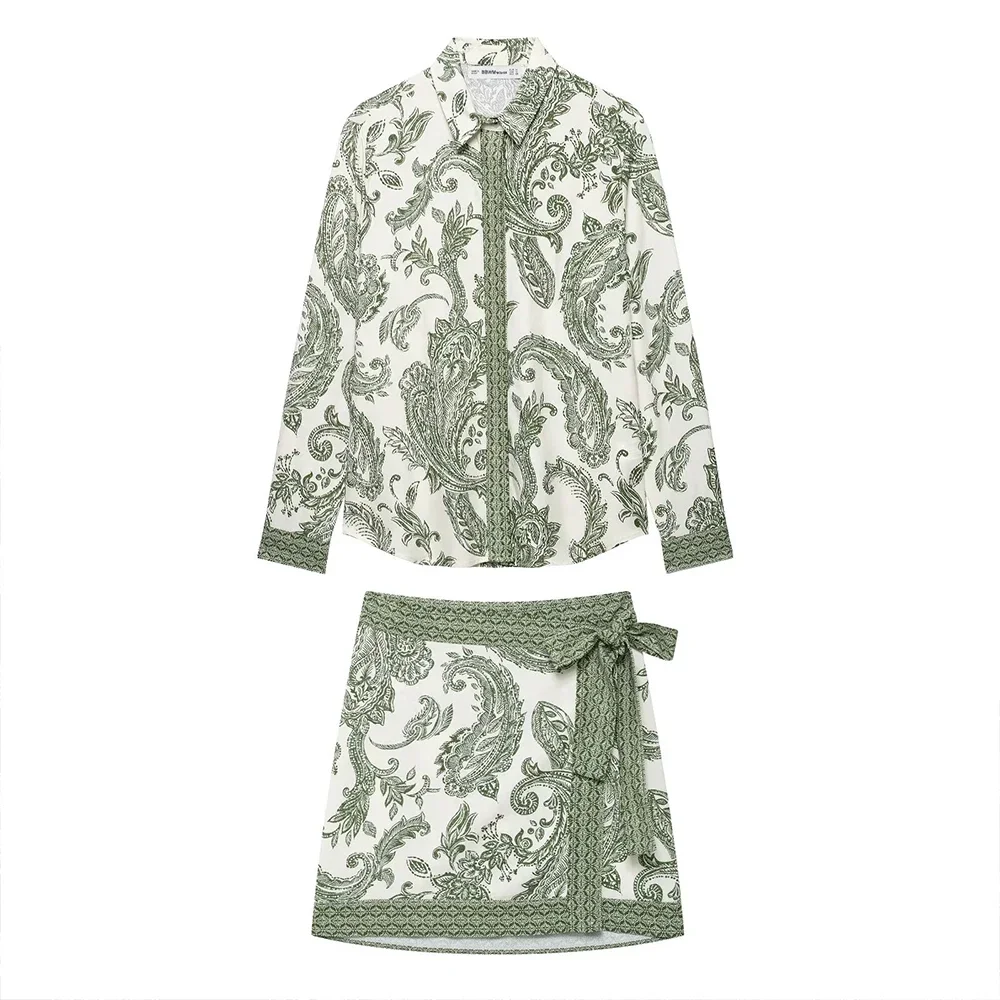 

Turn Down Collar Long Sleeves Covered Button Shirt High Waist Wrap Style Mini Skirt Women Fashion Print Suit Set New