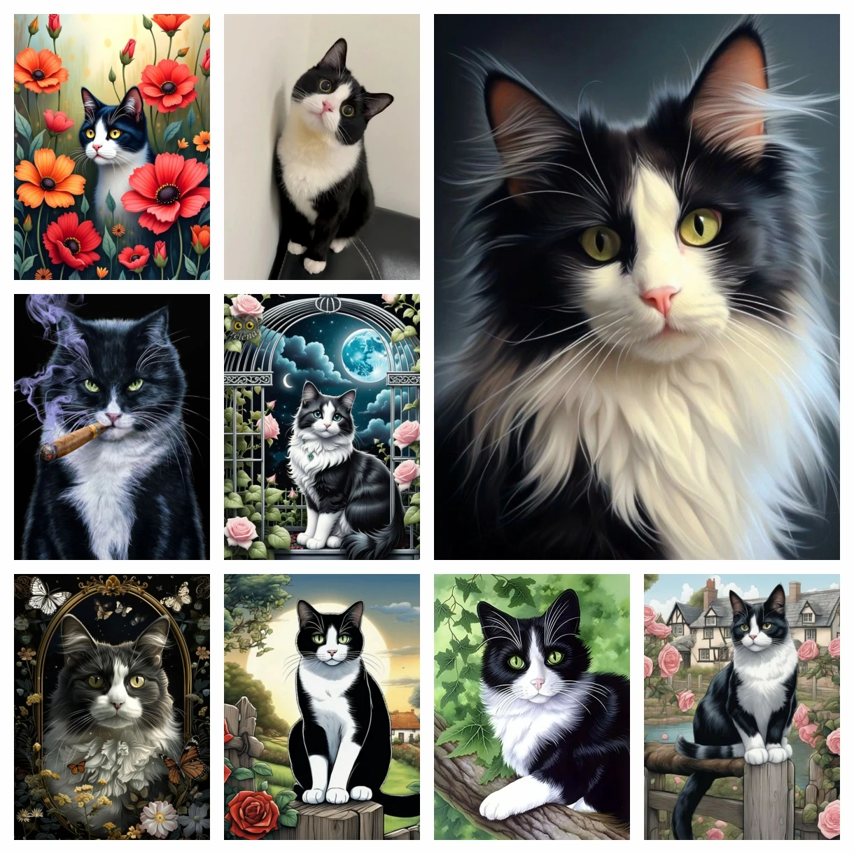 Neues Kuh-Katzen-DIY-Diamantmalerei-Set Schwarz-Weiß-Katzenporträt Diamantkunst Stickerei Mosaik Handarbeit Kindergeschenk Heimdekoration