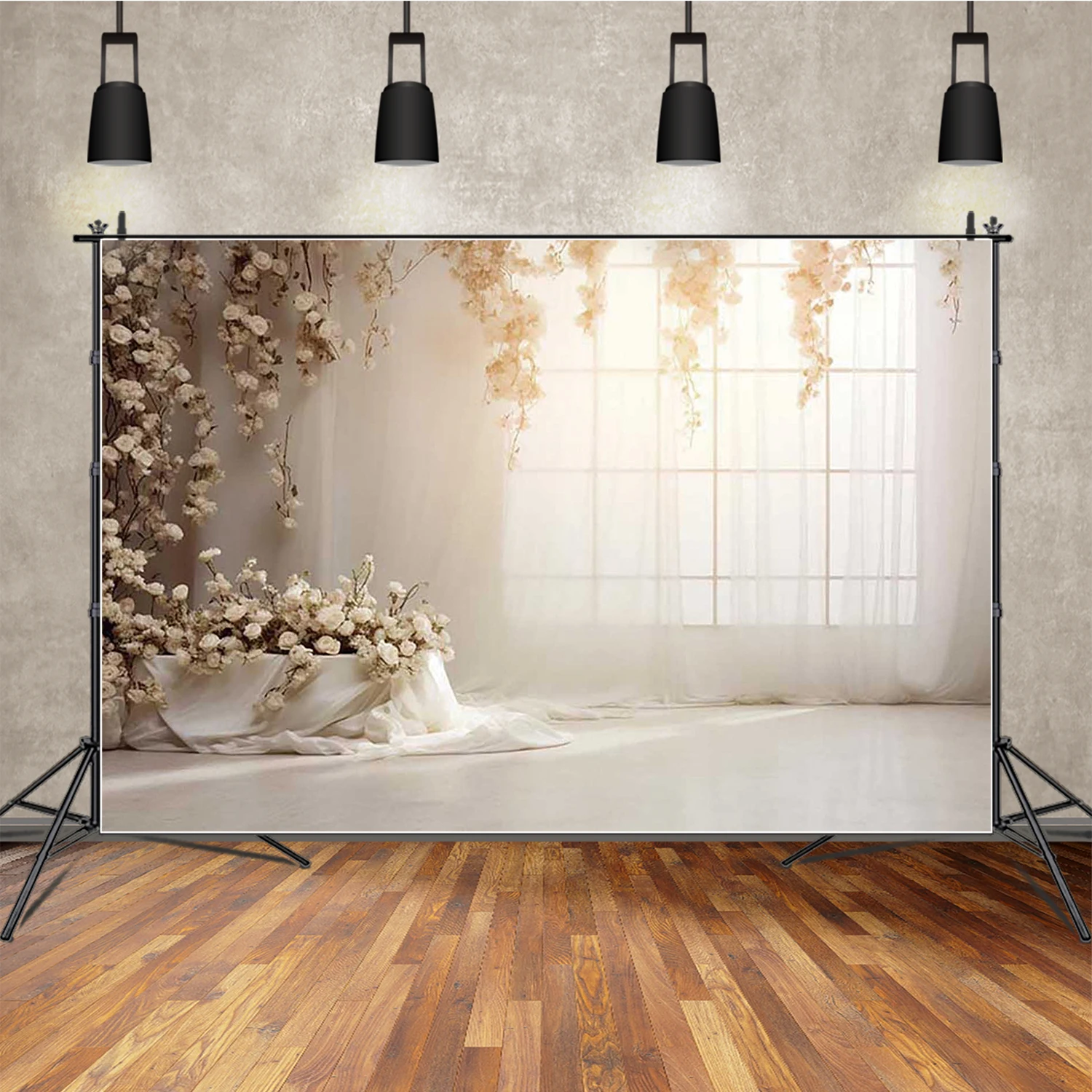 MOON.QG ホワイトアーチ窓カーテン背景写真花キャンドルドレープ女性ポートレート背景写真スタジオ女の子の誕生日