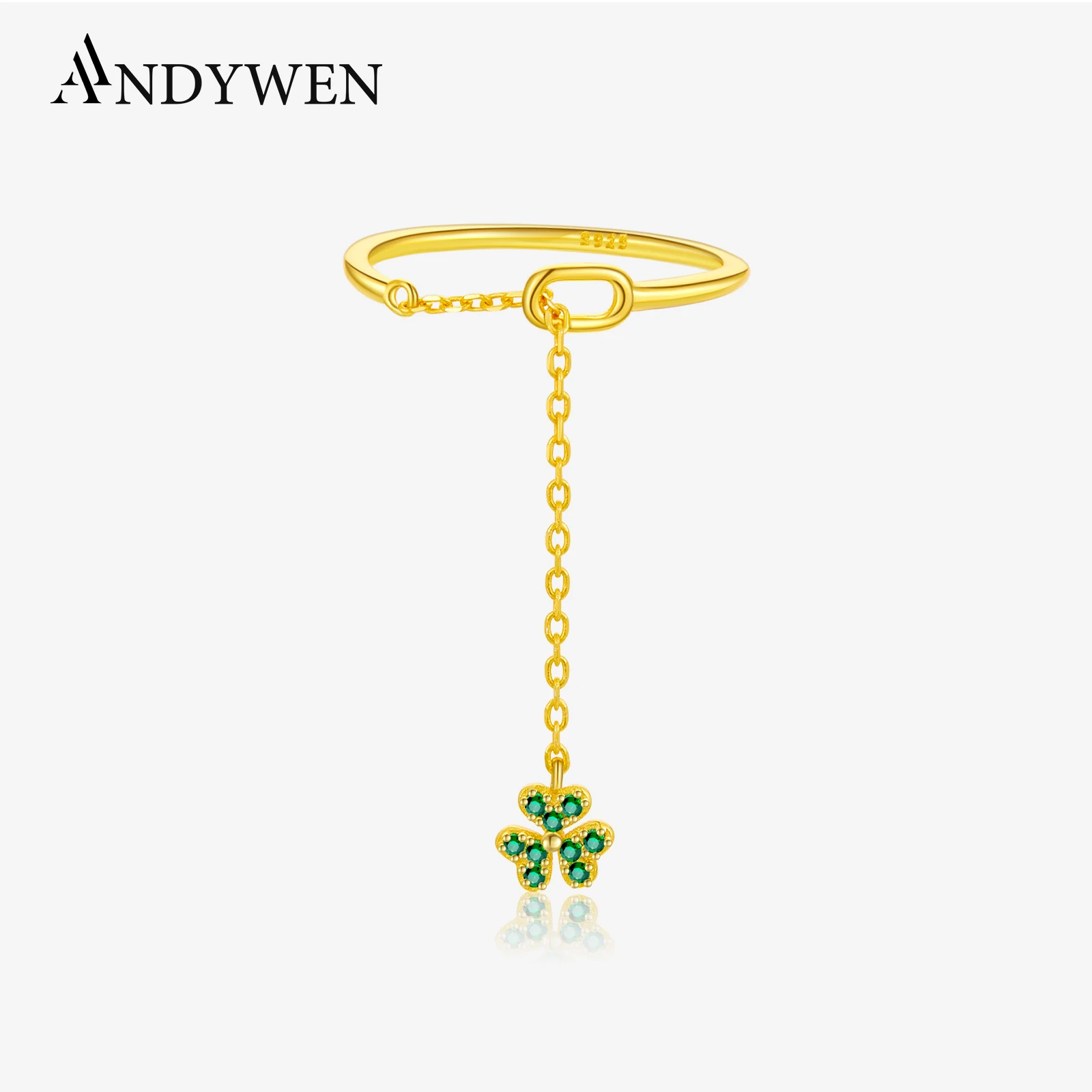 ANDYWEN 925 Sterling Silver Green Zircon Trefoil Pendant Adjustable Ring Long Chain Women Luxury Casual Fine Jewelry Gift