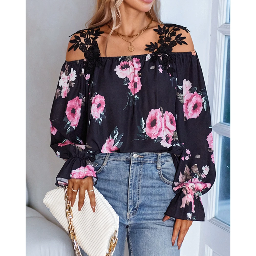 

Women Floral Print Long Sleeve Blouse Top Sexy Contrast Lace Strap Off Shoulder Casual Blouse Female Spring Blusa Mujer Traf