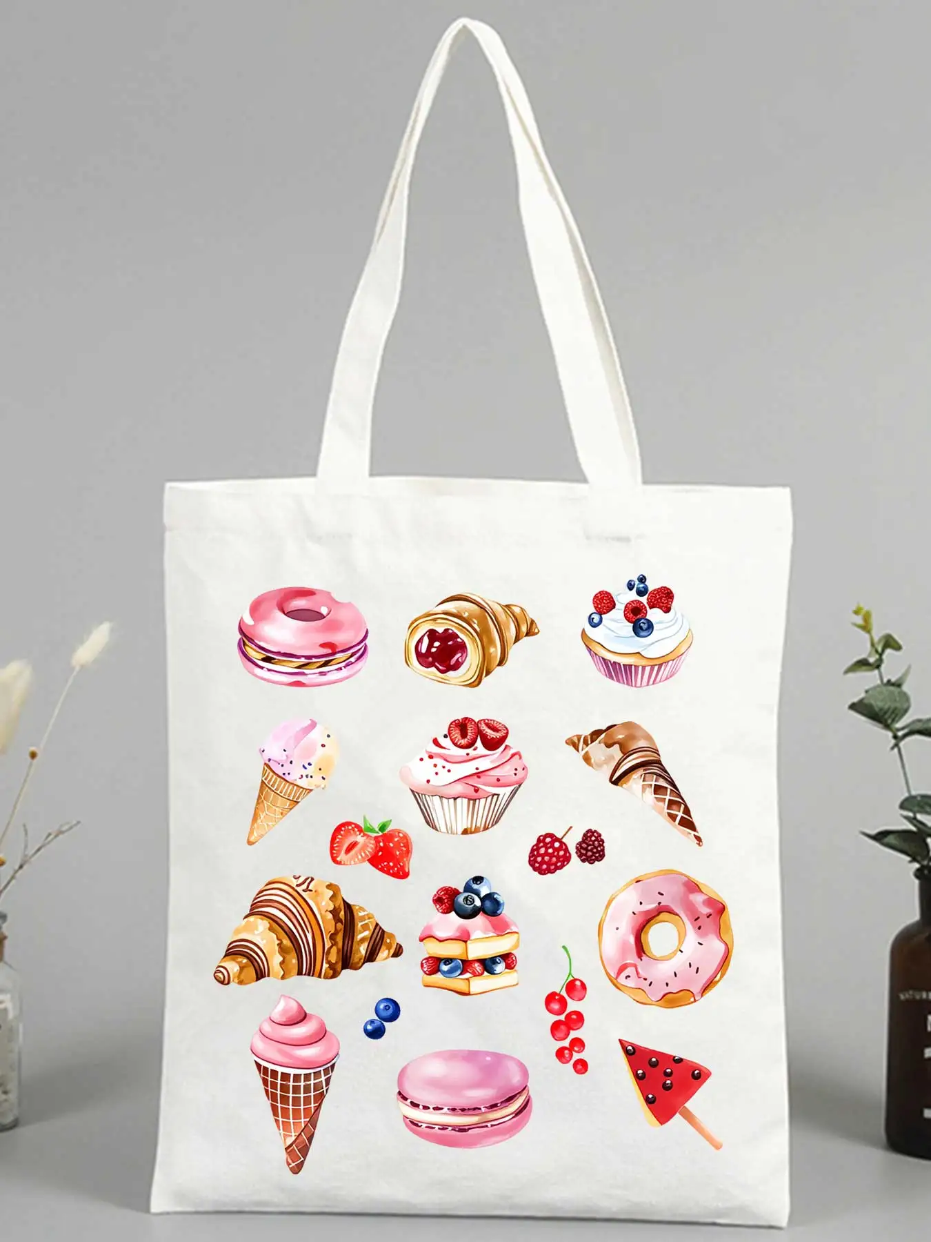 dessert graphic canvas tote bag, casual style for daily shopping and summer outings