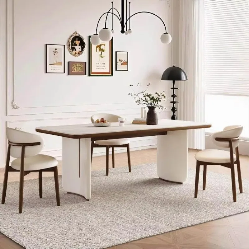 

Высококачественный современный обеденный стол кремово-белого цвета с каменной столешницей и деревянными ножками для столовой и кухни