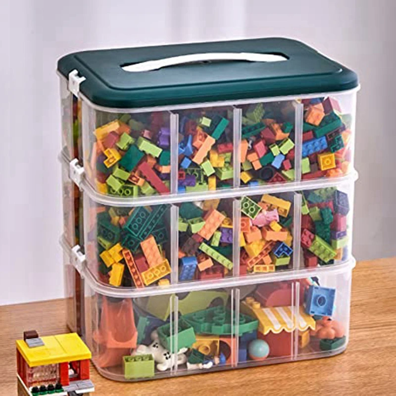 B-M Stackable Toy Storage Box, Clear Adjustable Compartment  Box With Handle 3-Tier Plastic  Box