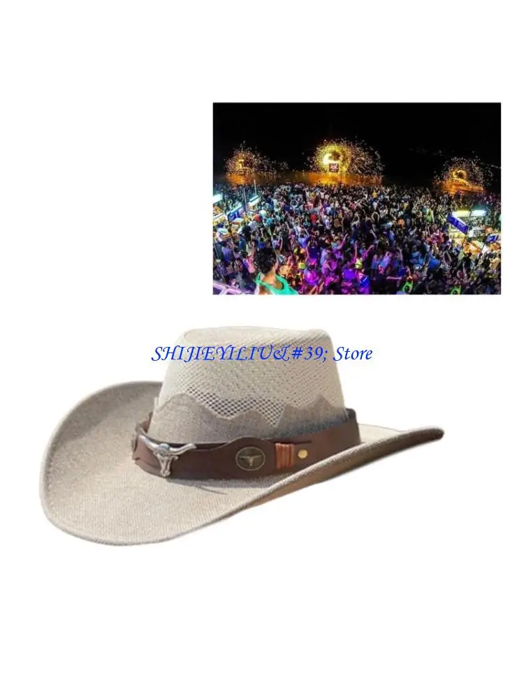 

E21F Ковбойская шляпа из дышащей сетки для пляжа Элегантная джазовая шляпа для женщин и мужчин Летние головные уборы