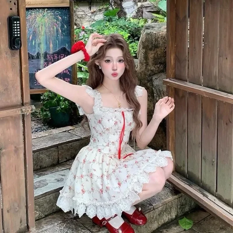 Elegant Sweet Lace Floral A-line Dresses Women Spring New Slim Waist Sleeveless Vest Y2k Dress Vestidos Womens Clothing