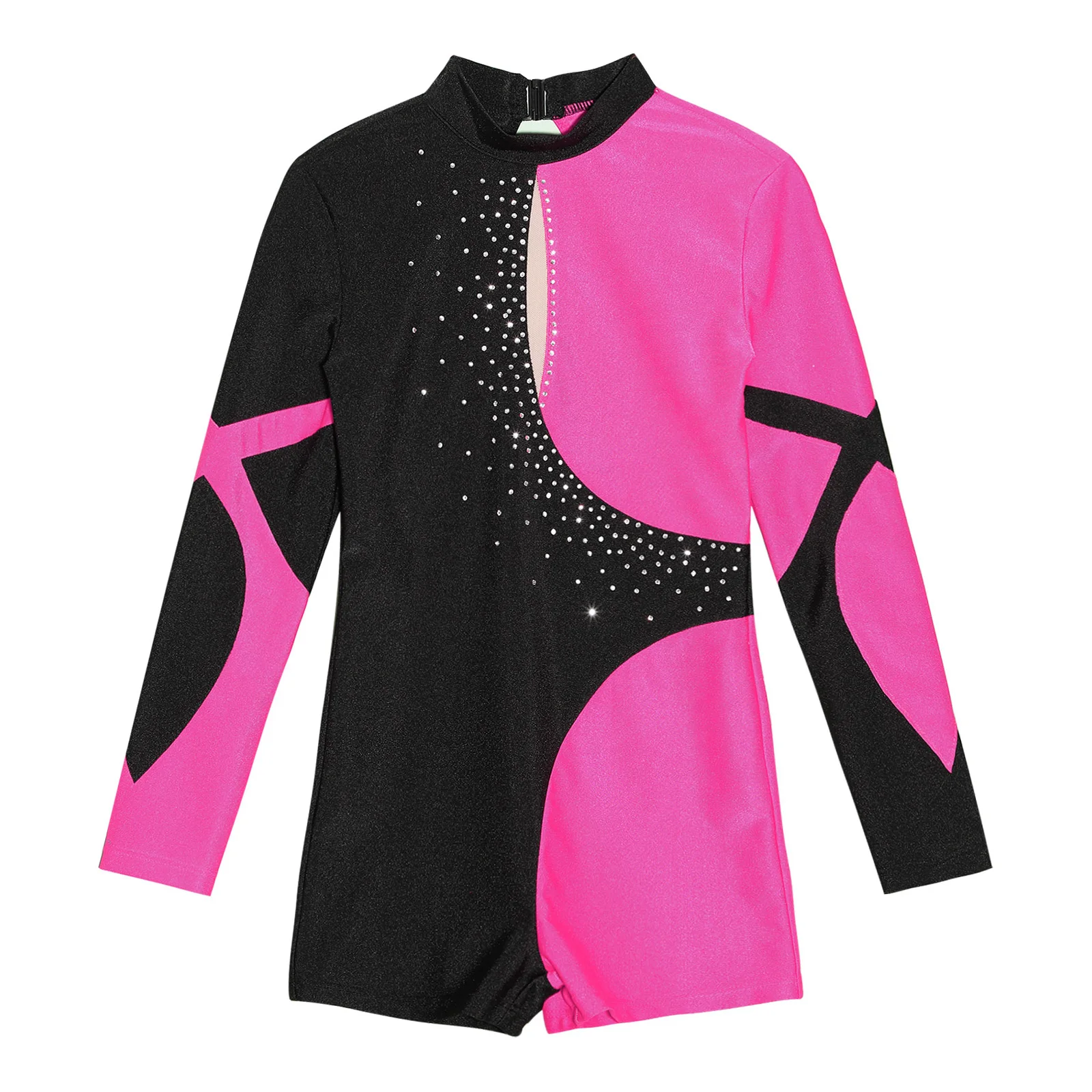 Kids Girls Long Sleeve Shiny Rhinestone  Contrast Color Hollow Back Dance Leotards Bodysuit For Ballet Sport