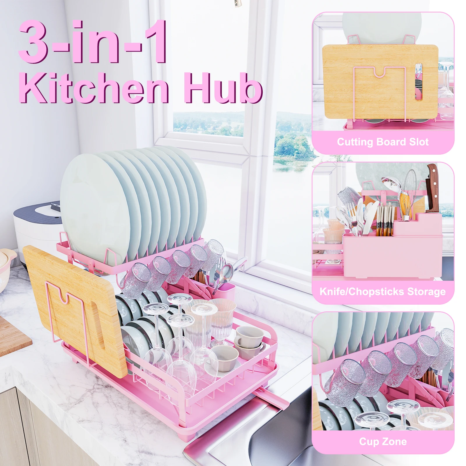 2 Tier Dish Rack, Kitchen Counter Dish Drying Rack, Pink Kitchen Appliance, No Drill Install, With Automatic Drainage System view 5