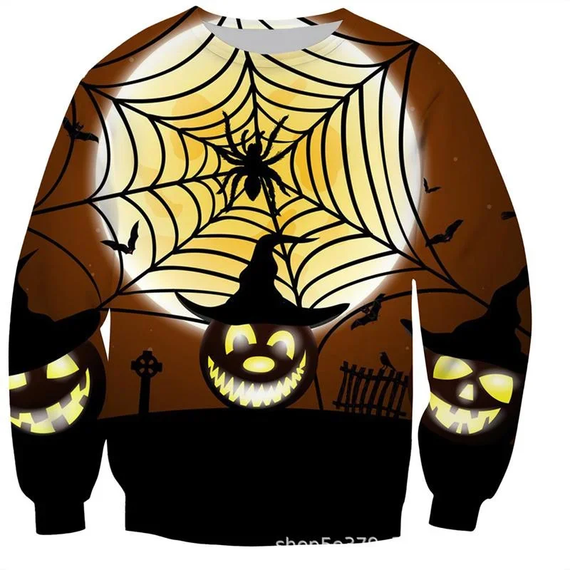 3D Printed Halloween Pumpkin Sweater Men Cartoon Bat Spider Pattern Pullovers Long Sleeves Autumn Casual Round Neck Sweatshirt