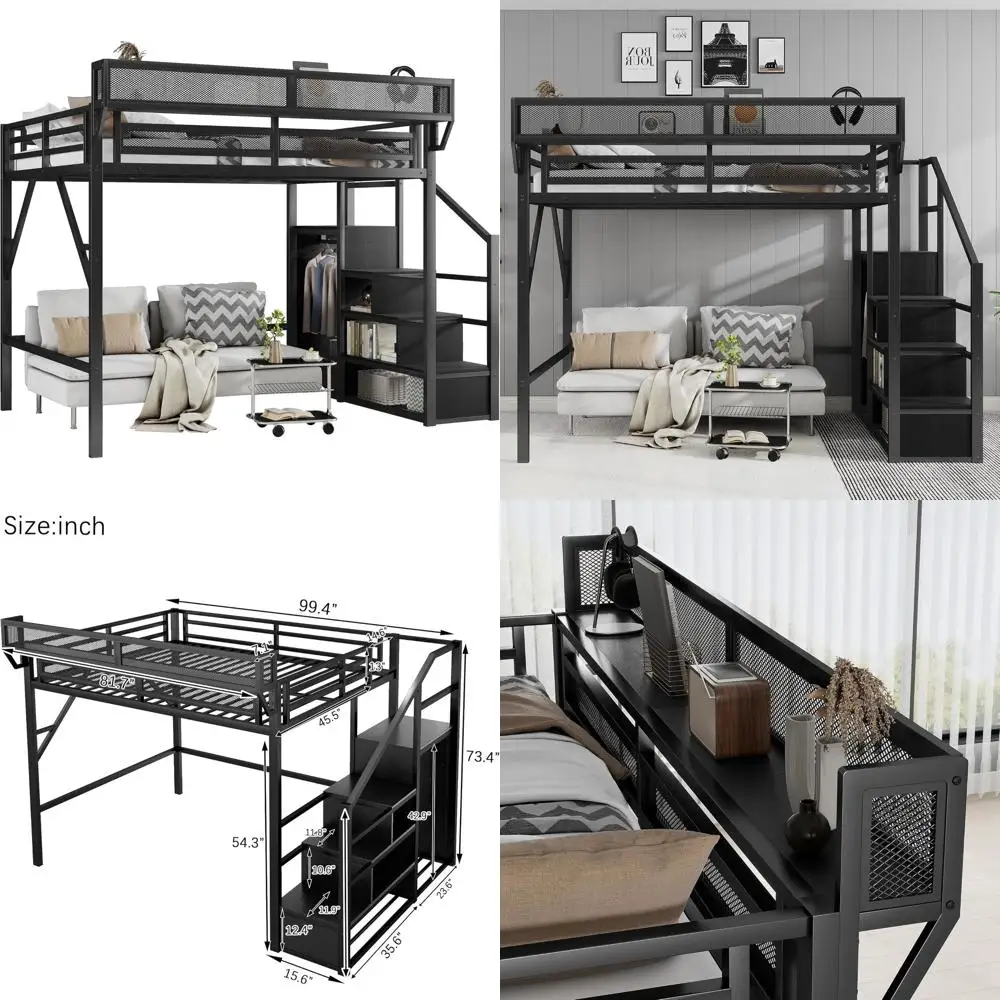 Queen Size Metal Loft Bed with Stairs, Storage, and Wardrobe for Kids, Teens, Adults - Black