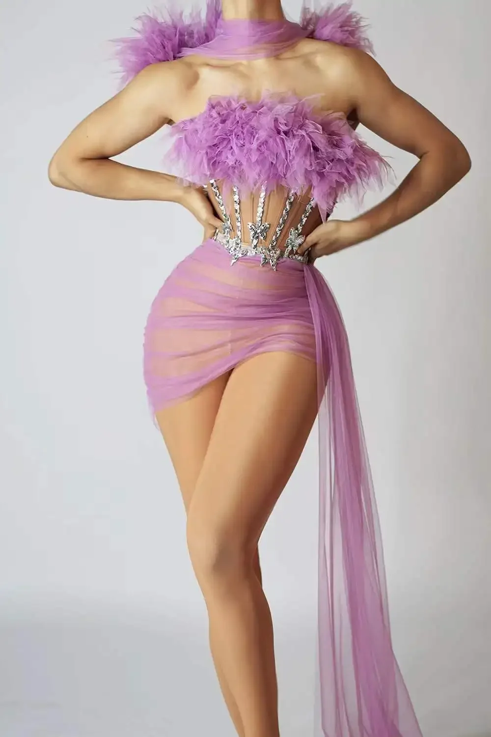 

Women Mesh See Through Sexy Sequin 2 Pcs Set NightClub Ploe Dance Dress Stage Performance Tailing Wear Drag Queen Outfit