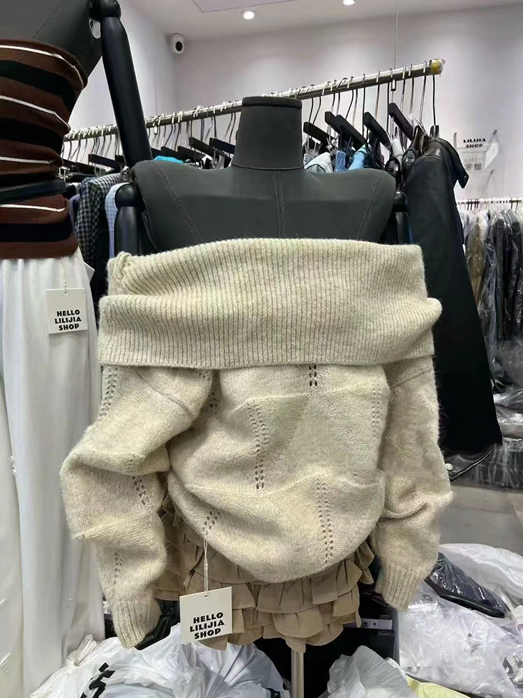 Fashion Slash Neck Knit Sweater Korean Loose Lazy Style Off Shoulder Knitwear Y2K Solid All Match Long Sleeve Female Jumpers