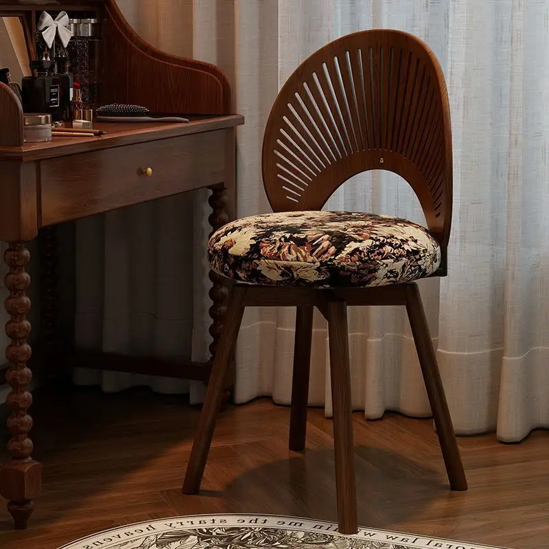 

retro solid wood dressing stool, bedroom rotatable makeup chair, small apartment household shell dressing table chair