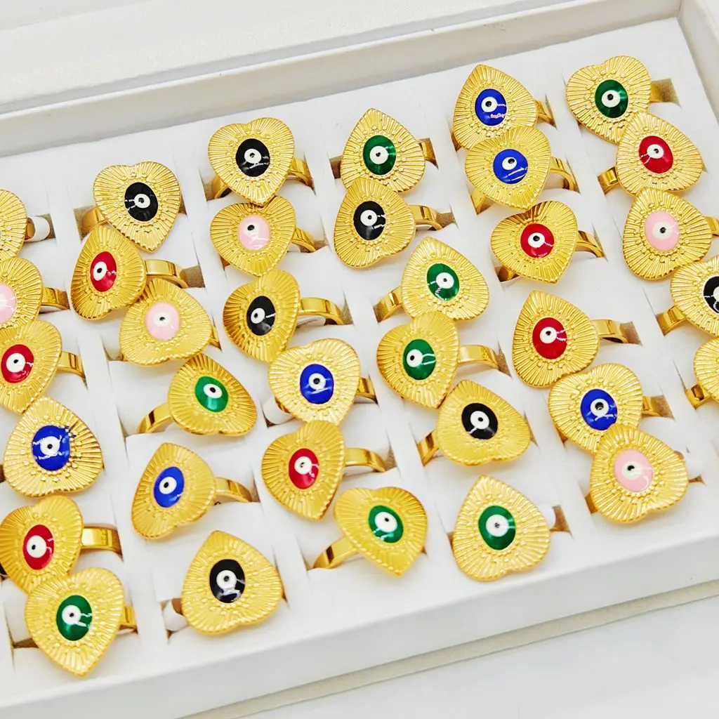 20/30/50pcs Wholesale Mix Design Gold Plated Eye Rings For Women Trendy Round Heart Shape Party Jewelry Gift Jewelry Bulk image 6