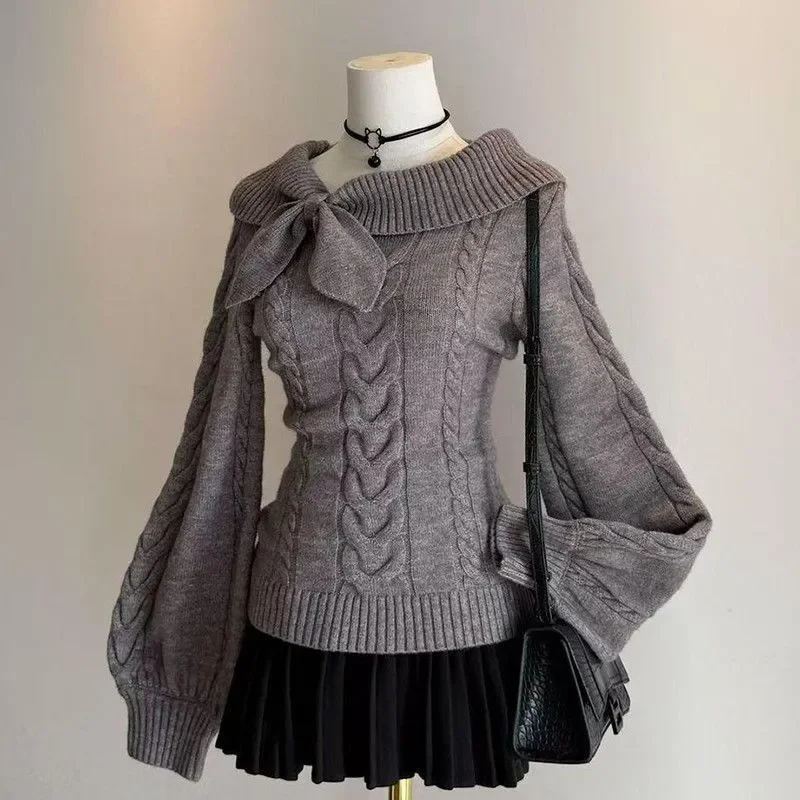 

Korean Style Sweet Cute Knitted Pullover Sweater Women's Outer Wear Autumn Winter Rabbit Ear Collar Knitted Sweater Sweater Tops