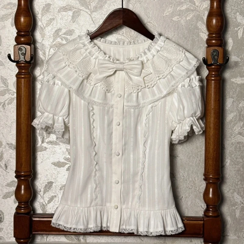 Camisas de estilo Lolita para mujer, blusas Vintage Kawaii de manga corta con volantes y lazo, Tops góticos Y2k ajustados Punk, novedad de verano